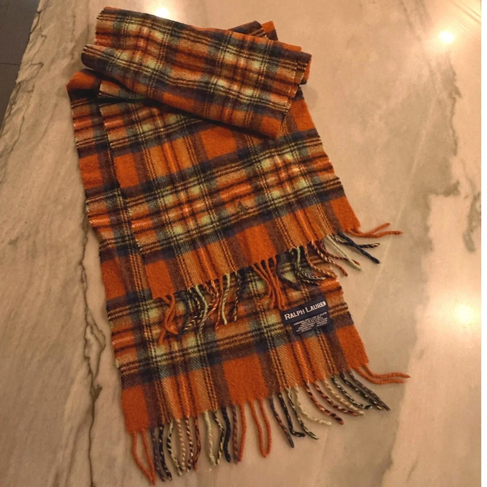 Vintage Ralph Lauren Scarf 80s Lambswool Orange Plaid Scotland Polo Pony FLAWED